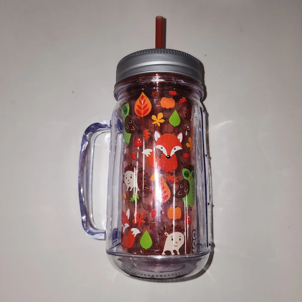 Cool Gear Plastic Mason Jar Fox Forest  Tumbler w/ Straw Insulated 16oz